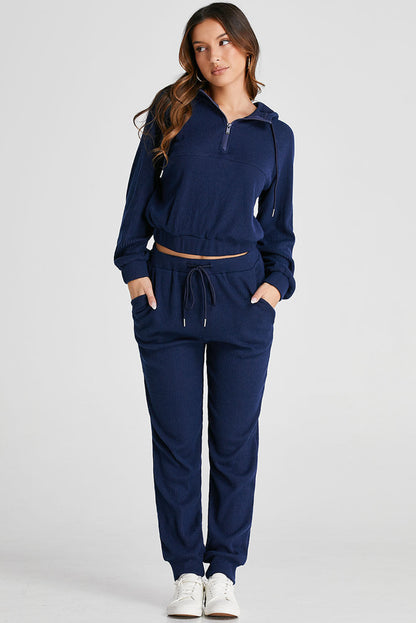 Marineblauwe geribbelde gebreide cropped hoodie en joggingbroek met trekkoord