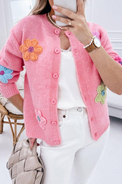 Pink Cute Knitting Floral Pattern Button Up Cardigan