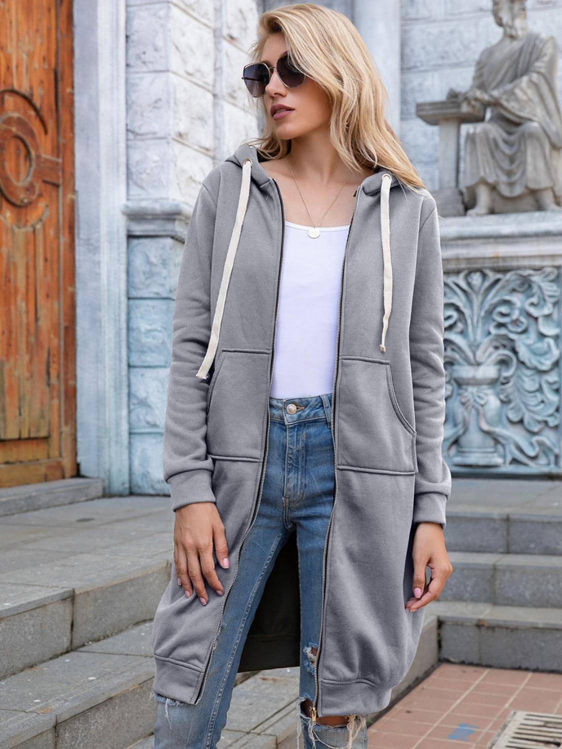 Ivy Lane polne velikosti zip-up longline Hoodie z žepi