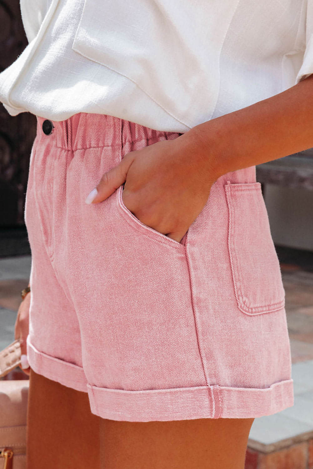 Støvet rosa Vintage Vasket Frilled High Waist Denim Shorts