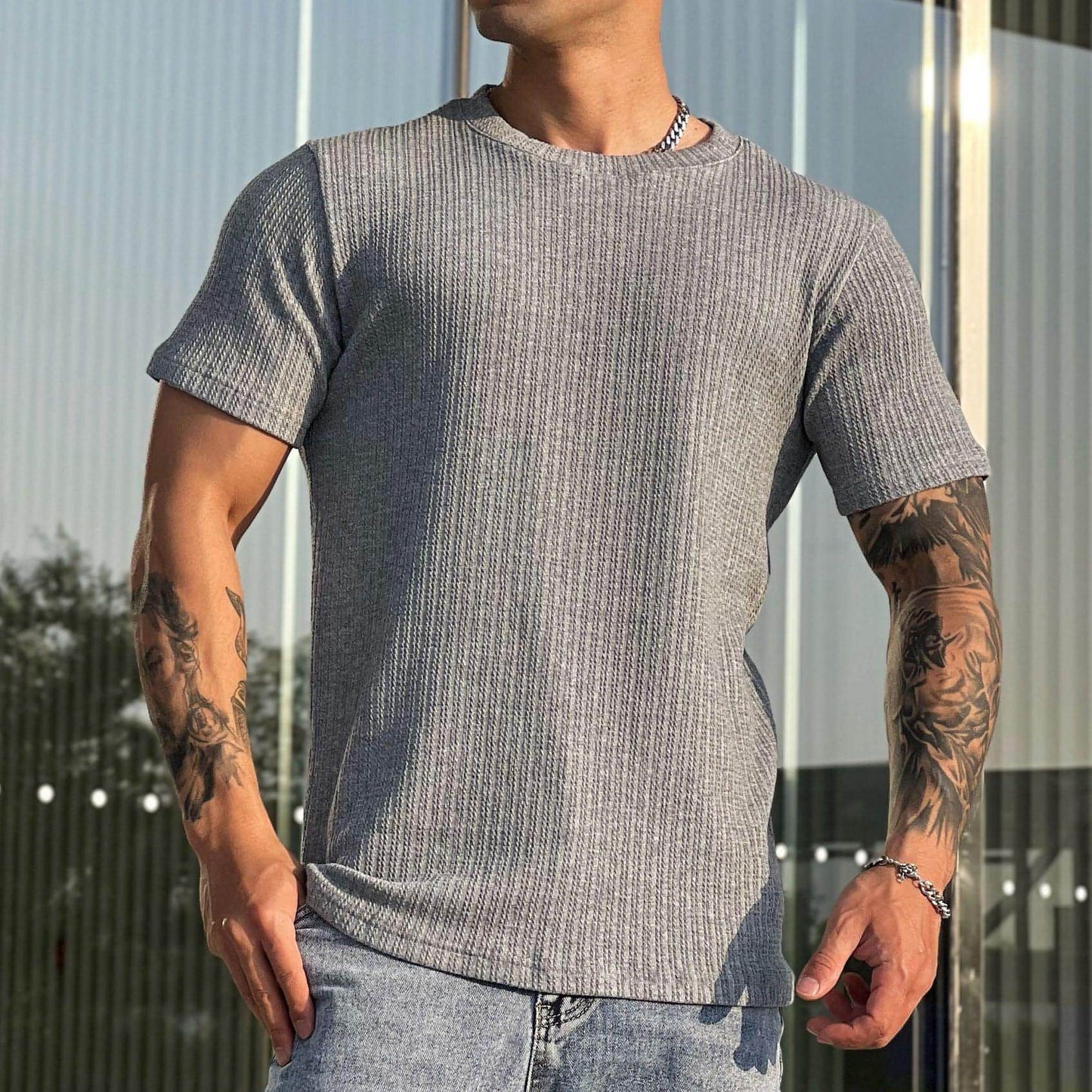 A1. Simplicity All-matching Slim Fit Breathable Stretch Sports Fitness Round Neck Short Sleeve T-Shirt