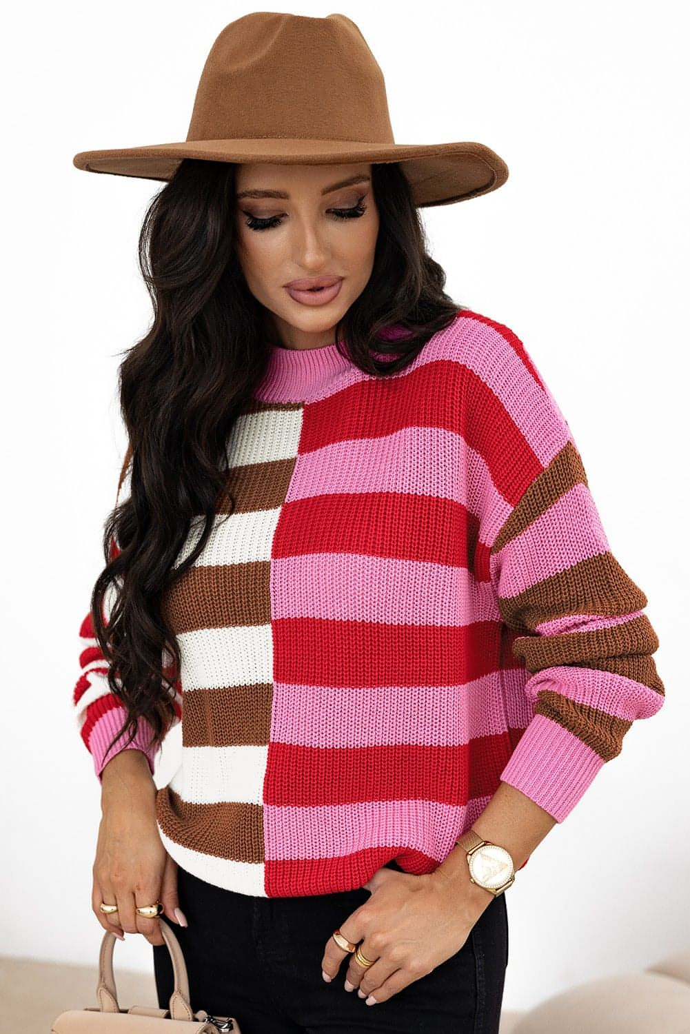 Pink Stripe Color Block High Neck Drop Shoulder Loose Sweater