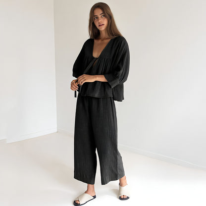 Women's Fashion Long Sleeve Double-layer Crepe Pajamas Trousers Loose Outfit