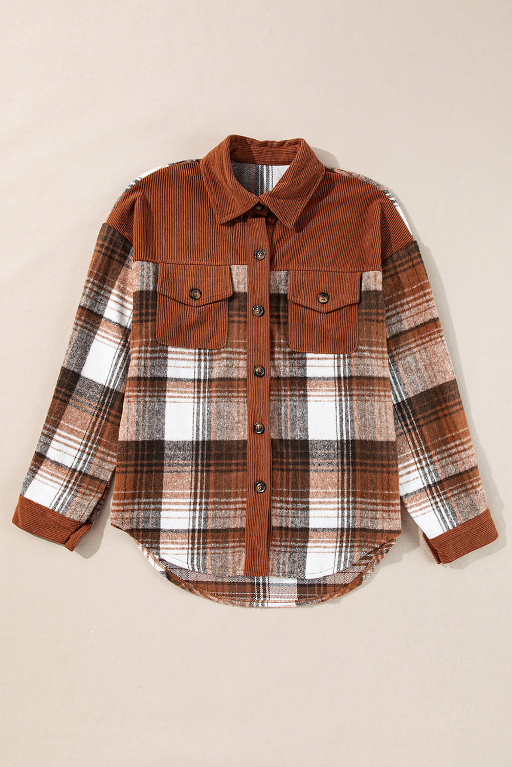 Kanel Plaid Corduroy Patchwork bröstficka hyttar