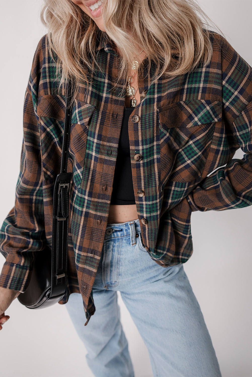 Bruine plaid print borstzakken geknoopt shirt jas