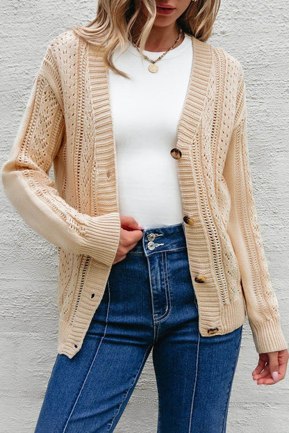 Cardigan maglione con spalle scoperte in maglia aperta beige