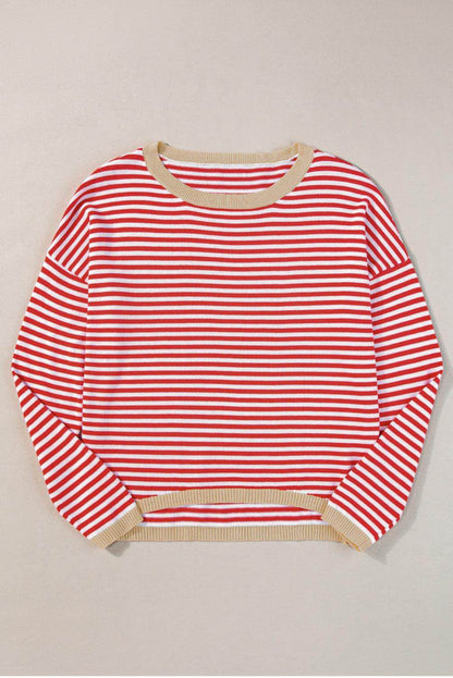 Fiery Red Contrast Trimmed Striped Drop Shoulder Sweater