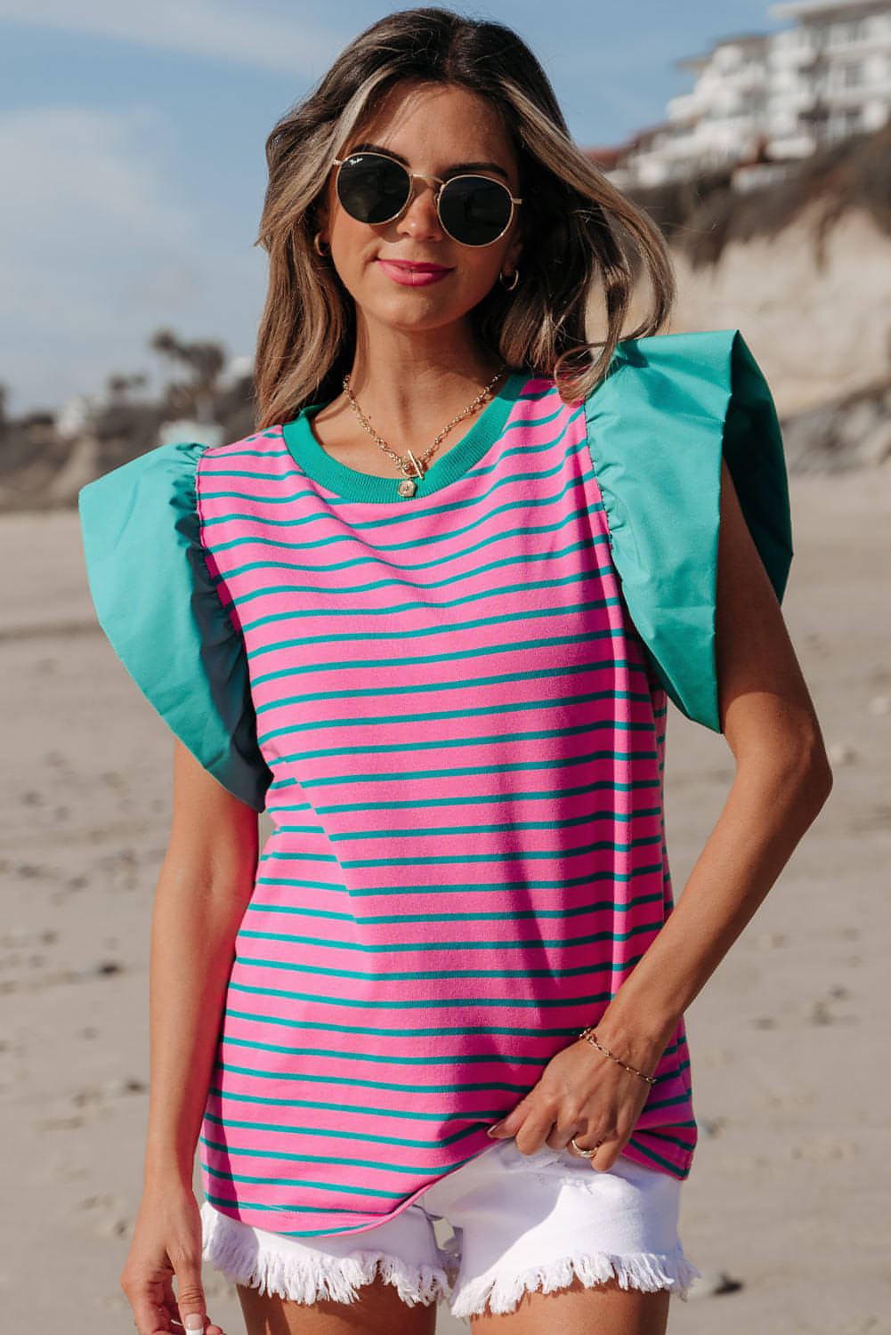 Rosa stripe Colorblock Ruffled Sleeve Bluse med rund hals