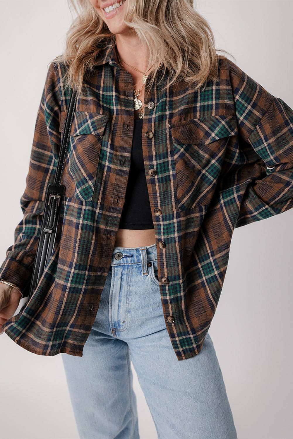 Bruine plaid print borstzakken geknoopt shirt jas