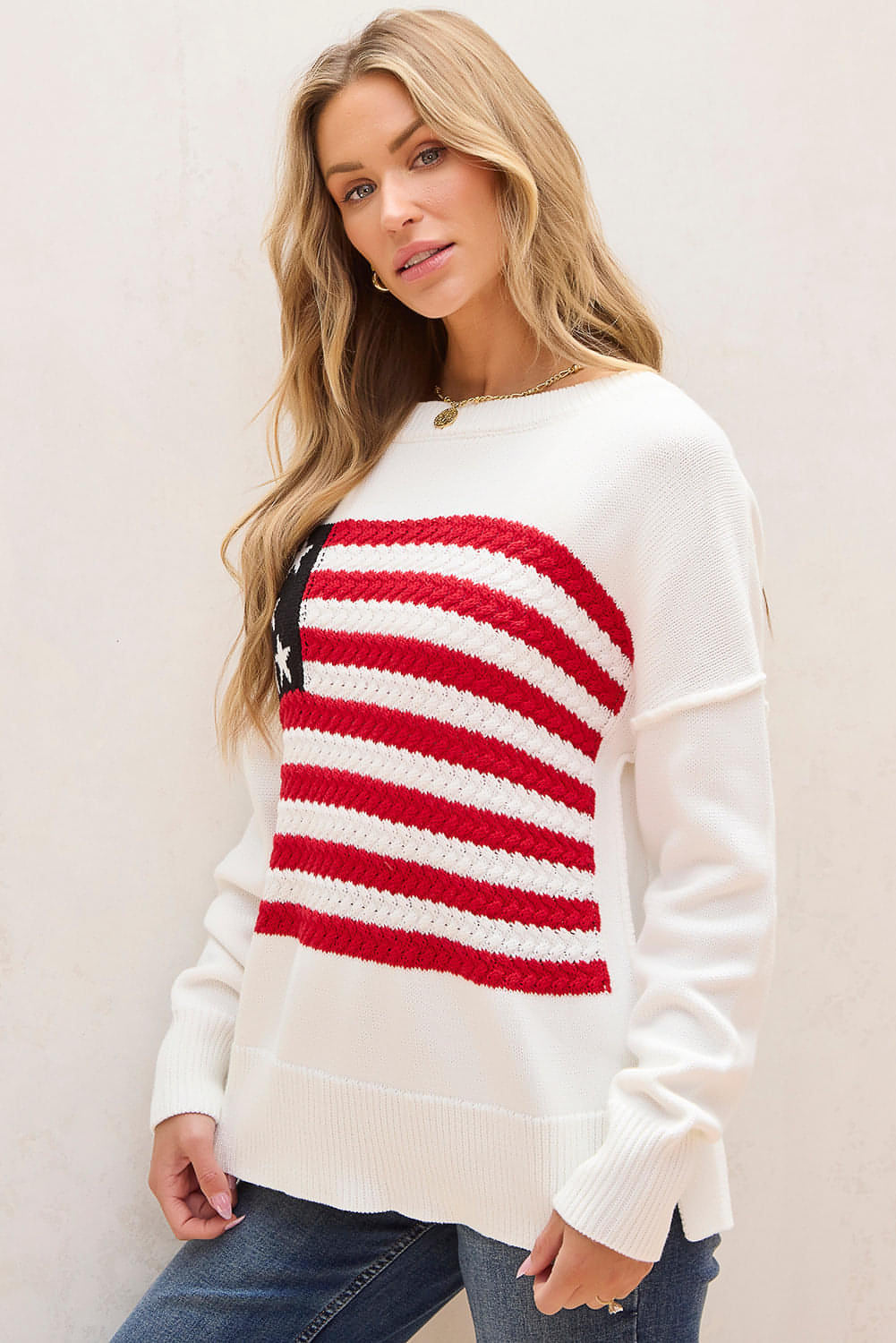 Hvit American Flag Cable Knit Drop Shoulder Genser