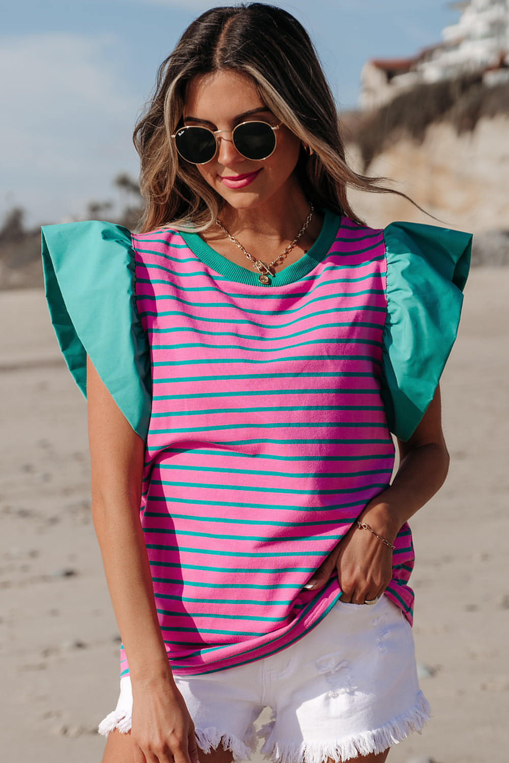 Rosa stripe Colorblock Ruffled Sleeve Bluse med rund hals