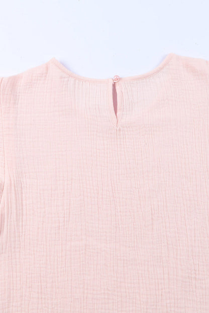 Pink Textured Tiered Ruffled Short Sleeve Blouse