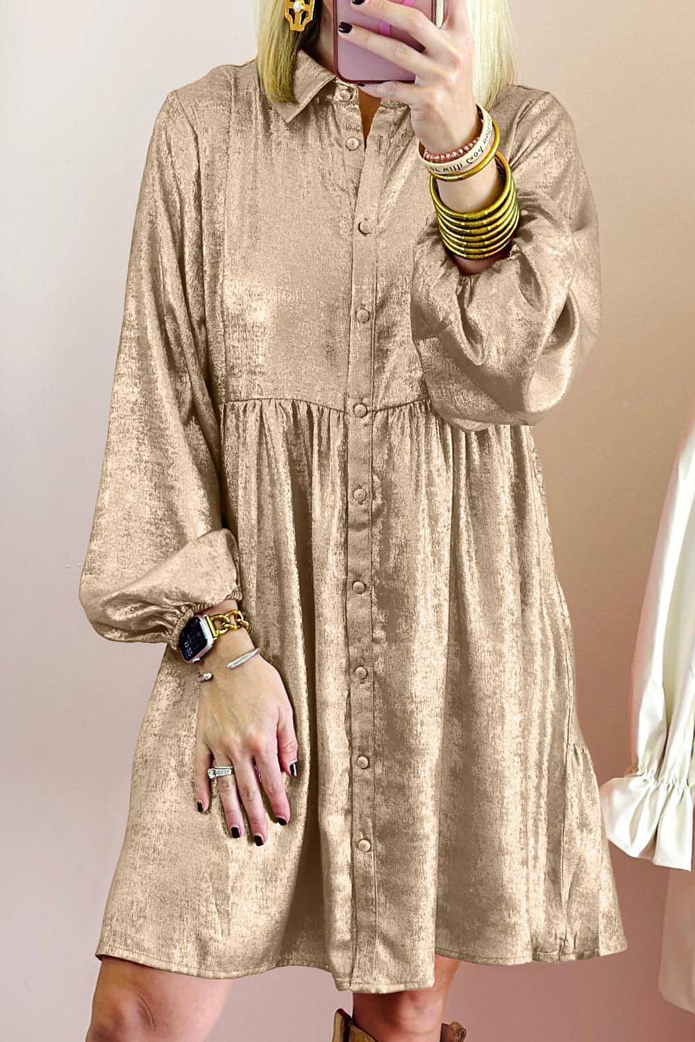 Apricot Metallic Sheen manga de puff button up Mini Shirt Dress