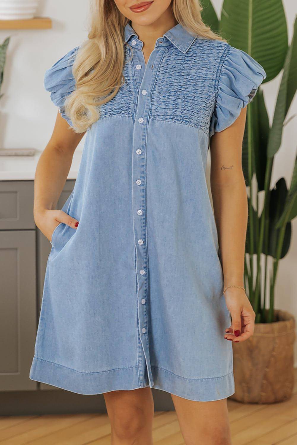 Beau Blue Flutter Sleeve Shirred Detail Button Up farmer mini ruha