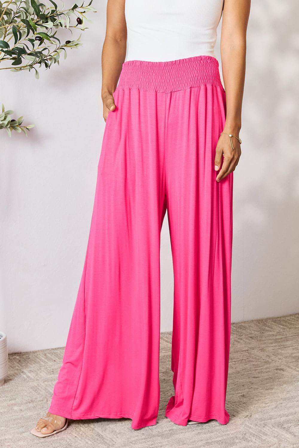 Double Take Full Size Smocked Wide Waistband Wide Leg Pants