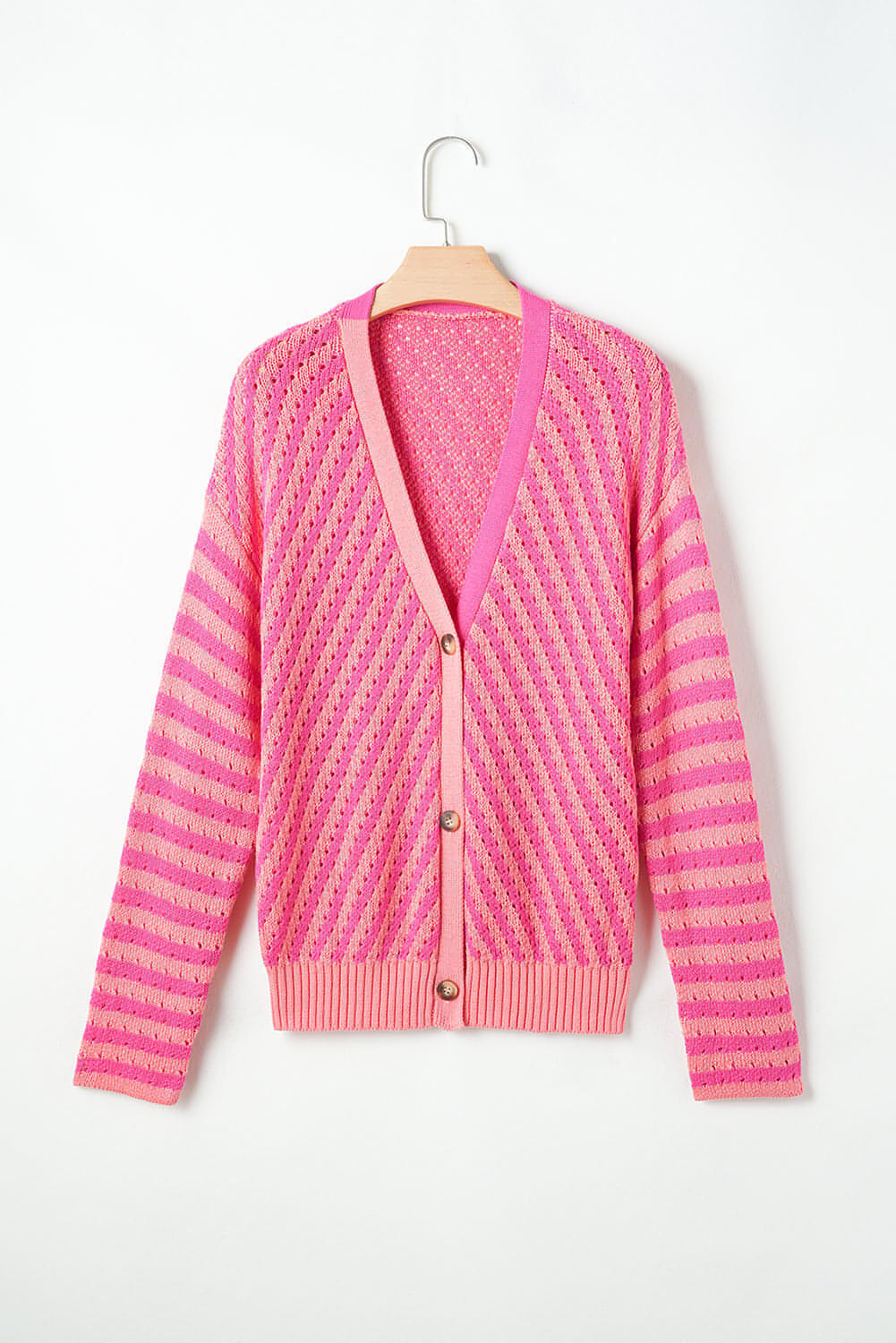 Cardigan a spalla a vello a V a strisce rosa