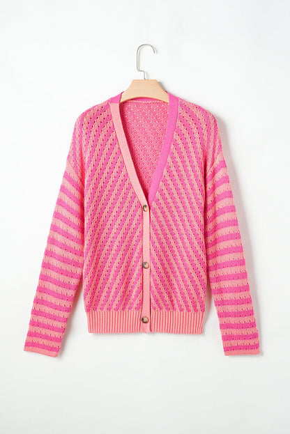 Rosa stripet knappet V-hals Drop Shoulder Cardigan