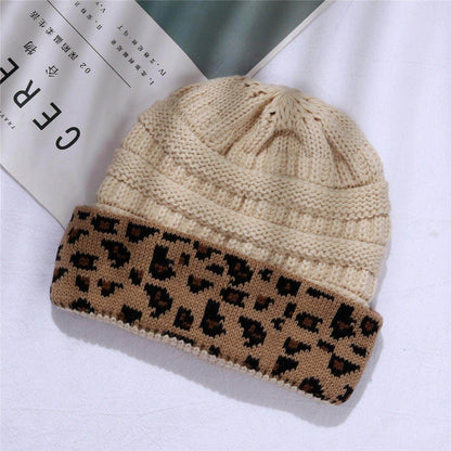 Ladies Autumn Winter Leopard Print Cuffed Acrylic Knitted Hat