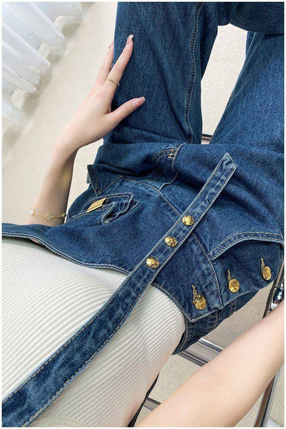 Women's Metal Buckle Versatile Asymmetric Small Waist Pants (Jeans)