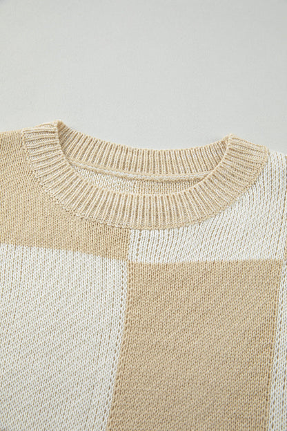 Flachs karierte Druckpullover Drop -Schulterpullover