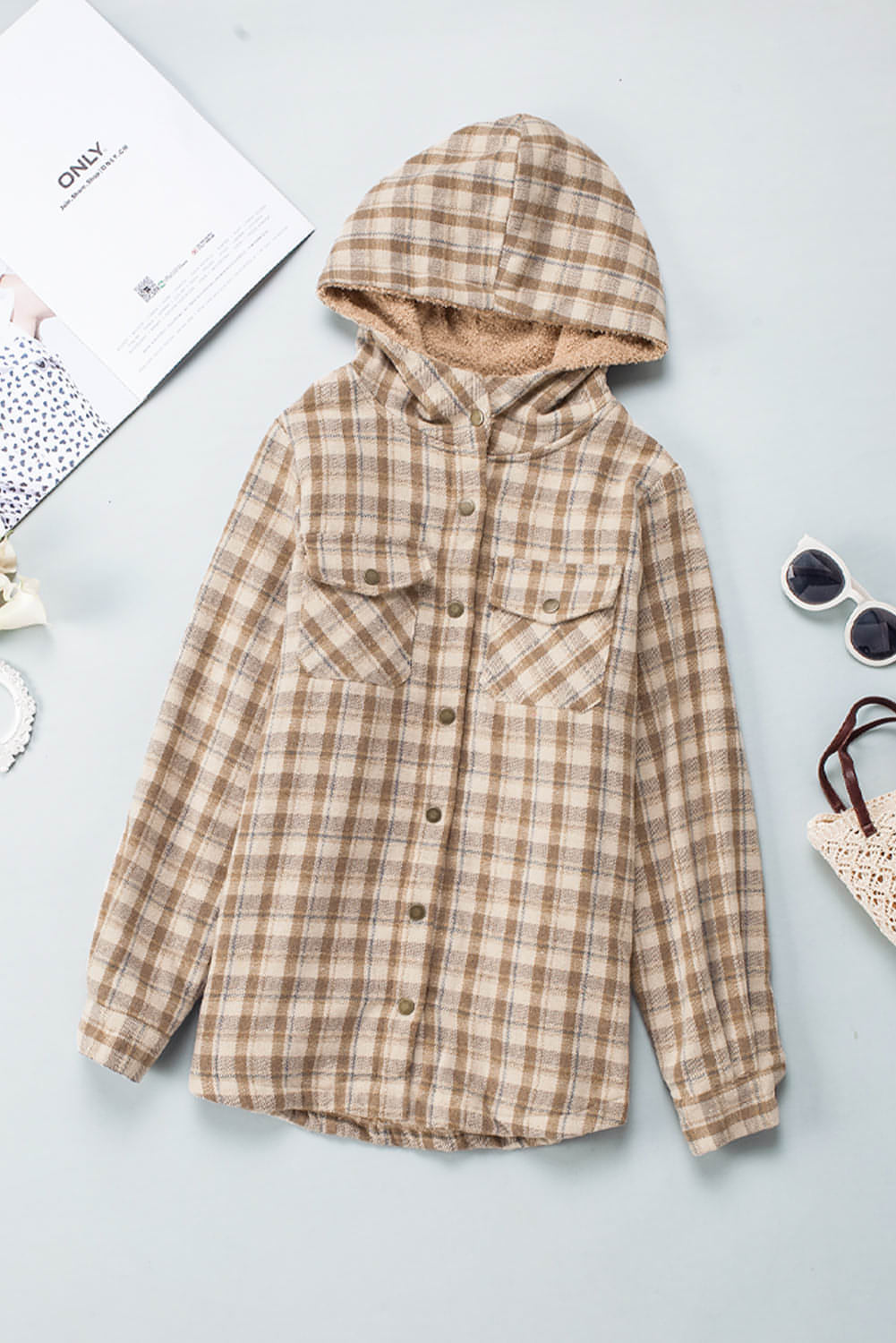 Khaki Plaid Muster Sherpa ausgekleidete Kapuzen Shacket