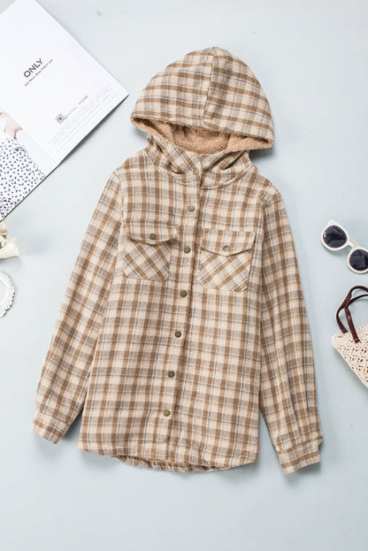 Khaki Plaid Pattern Sherpa Lined Hooded Shacket