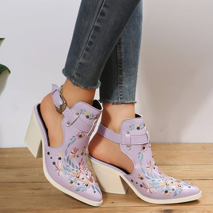 Personalized Retro Embroidery Rivet High Heels Chunky Heel