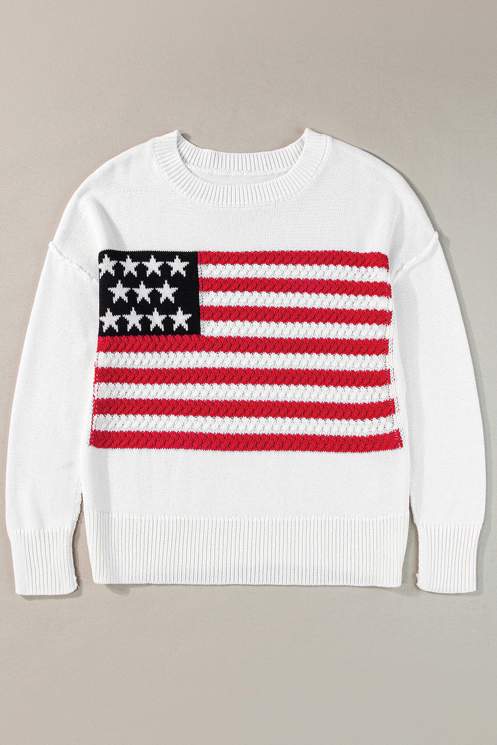 Hvit American Flag Cable Knit Drop Shoulder Genser