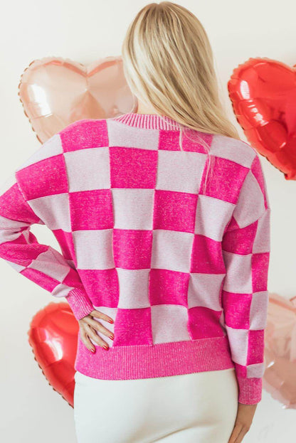 Cardigan con scollo a V con bottoni e spalle cadenti a quadretti rosa