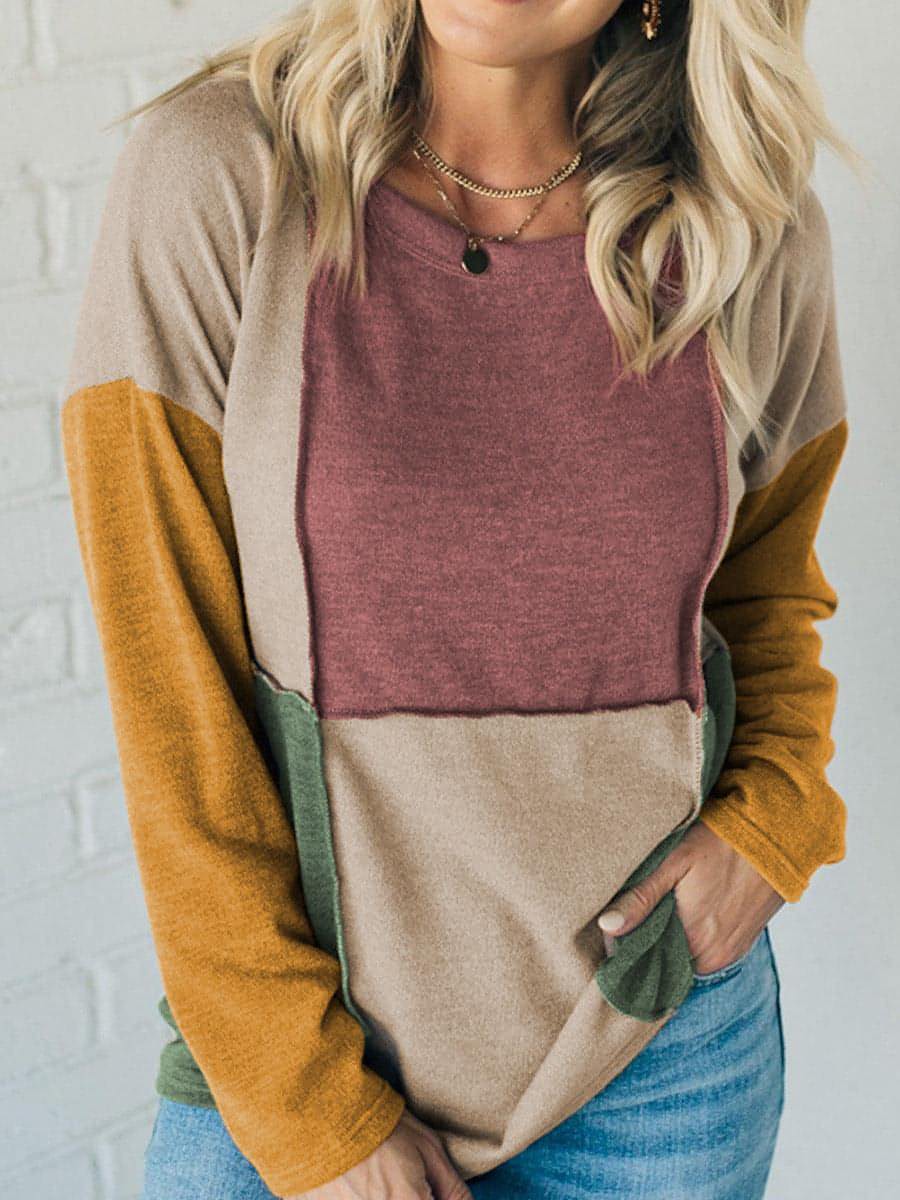 Women's Knitted Round Neck Irregular Contrast Color Long Sleeves Casual Top T-shirt