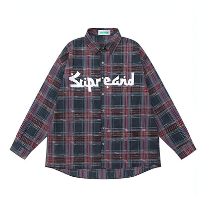 Color-contrast Check Letter Printed Long Sleeve DressShirt