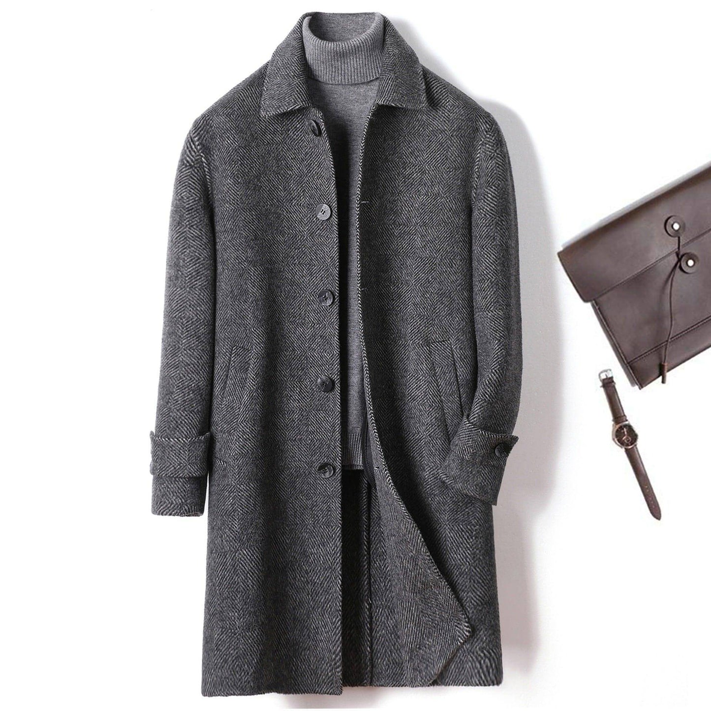 Cashmere Wool Trench Coat Winter Plaid Long Casual Coat Jacke Men