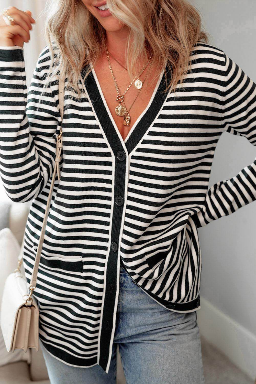 Black Stripe Gumb z dolgimi rokavi Up Tunic Cardigan