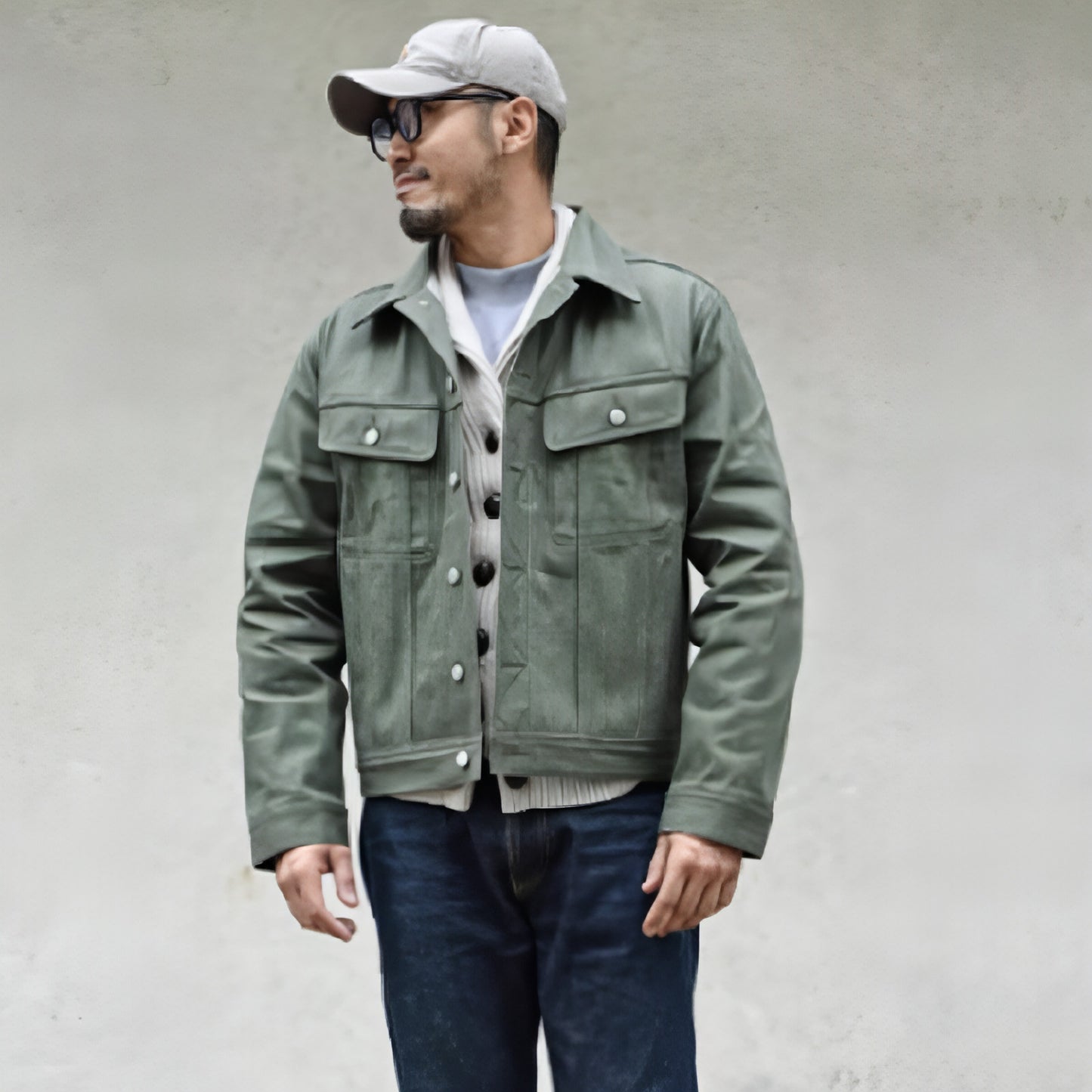 Vulcanized Green Puree Denim Retro Workwear Pure Cotton Coat Men