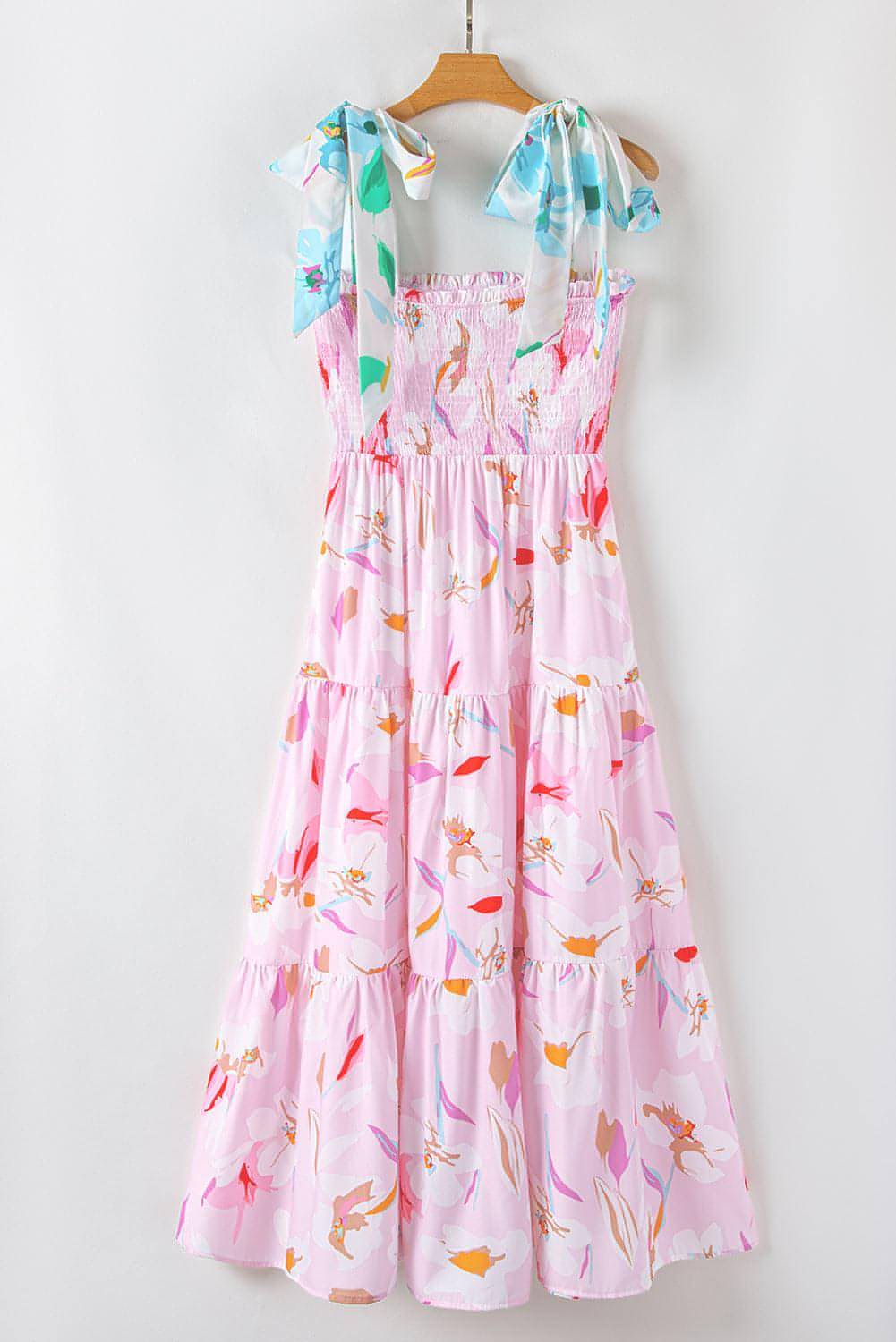 Rosa Floral Print Knotted Shoulder Smocked Maxi Dress