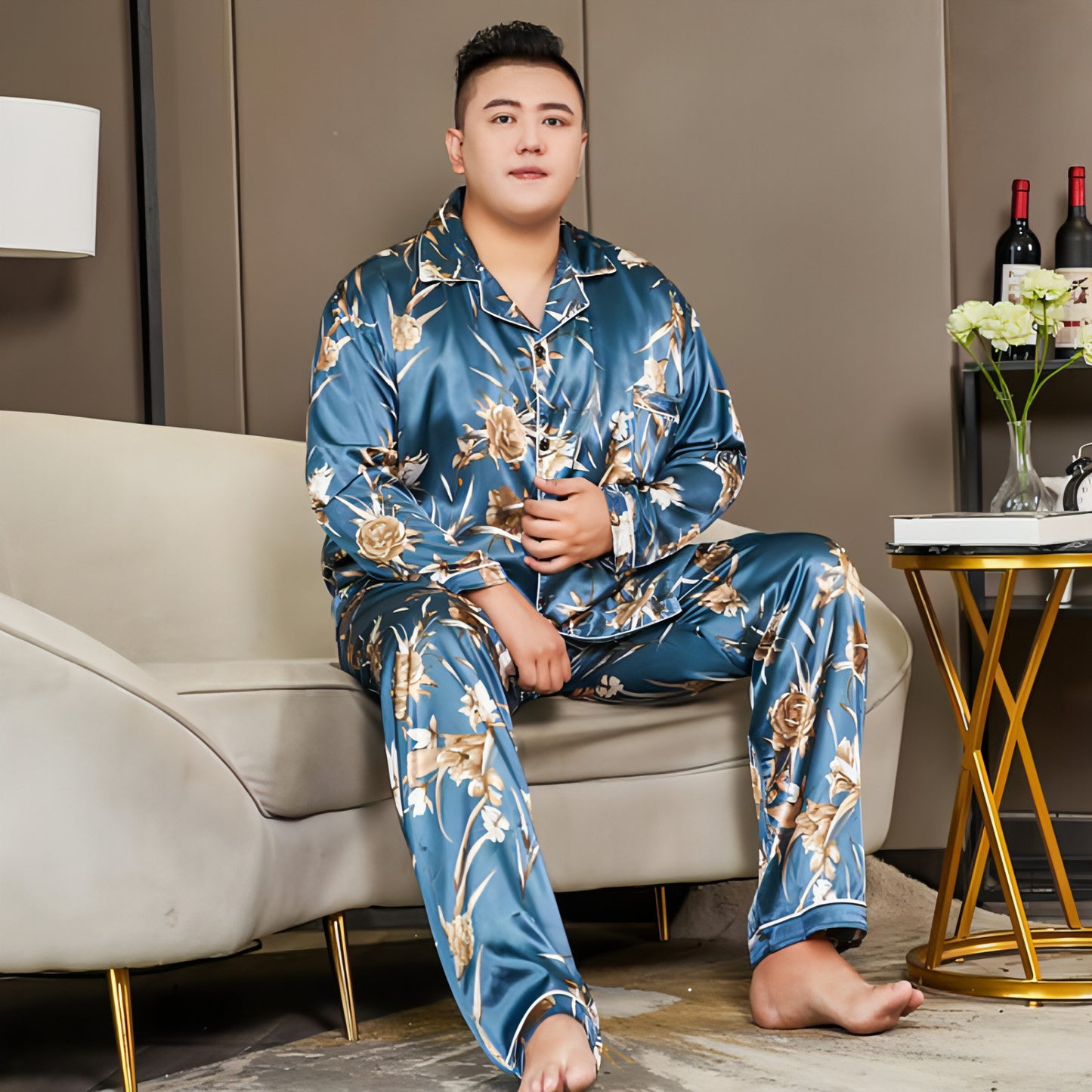 Cut Flower Fat Men's Pajamas Extra Ice Silk