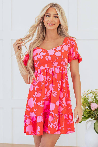 Red Floral Bubble Sleeve Sweetheart Neck Ruffled Mini Dress