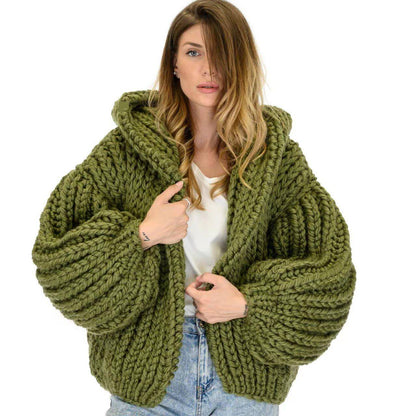 Loose And Hooded Cardigan Coat Handmade Knitting Needle Women's Knitted Sweater