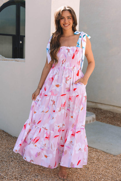 Rosa Floral Print Knotted Shoulder Smocked Maxi Dress