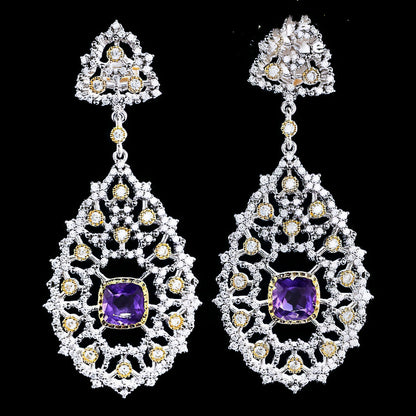 Luxury 925 Silver Plated Natural Amethyst Drop Earrings