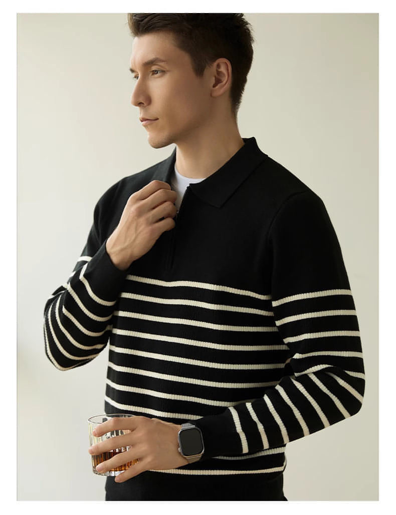 Men's Spring And Autumn New Half Zipper Striped Business Casual Sweater