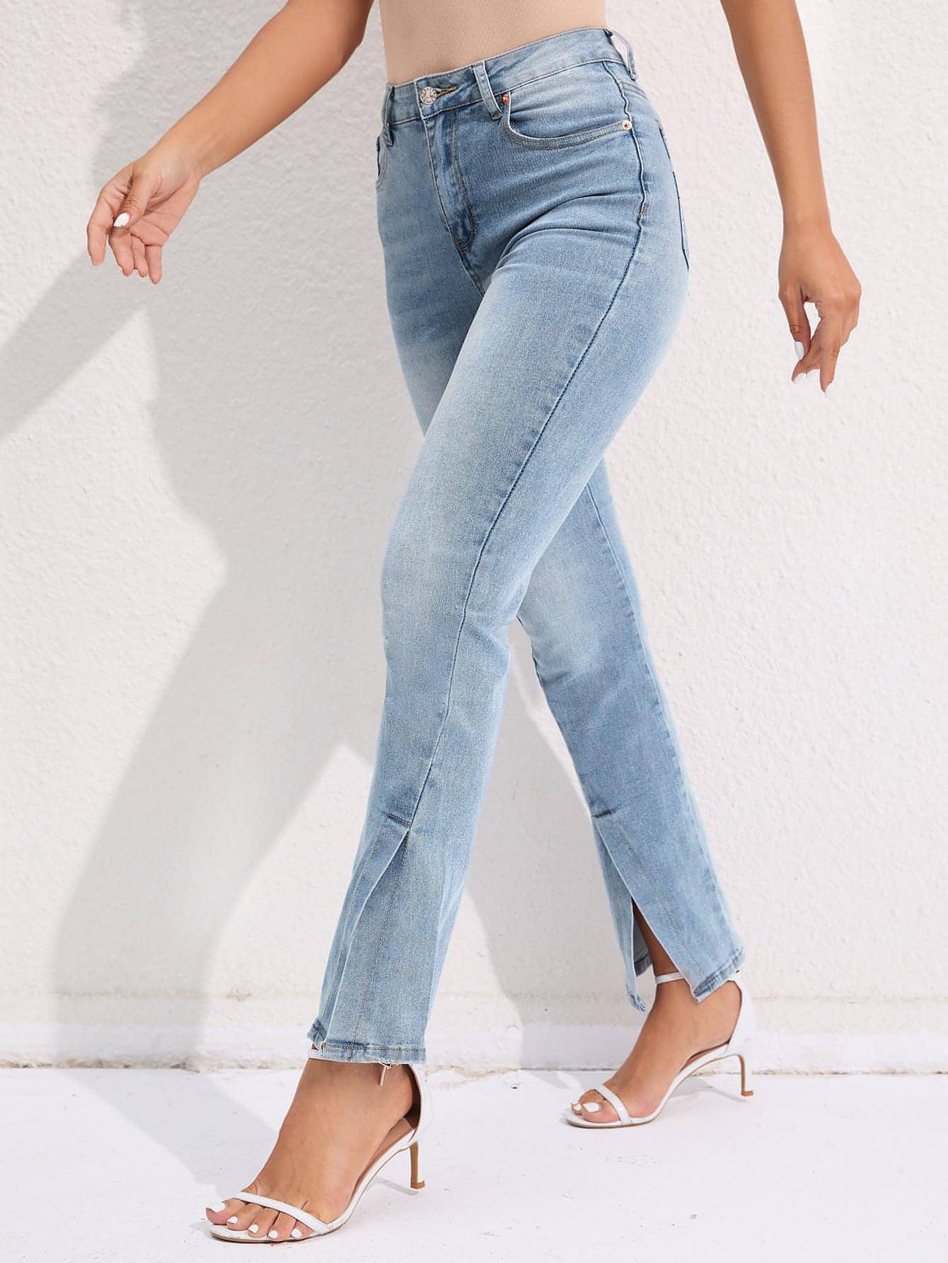 Pantalones rectos divididos Commuter Jeans lavados elásticos de moda para mujer