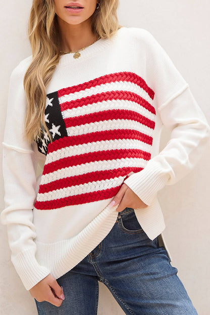 Hvit American Flag Cable Knit Drop Shoulder Genser