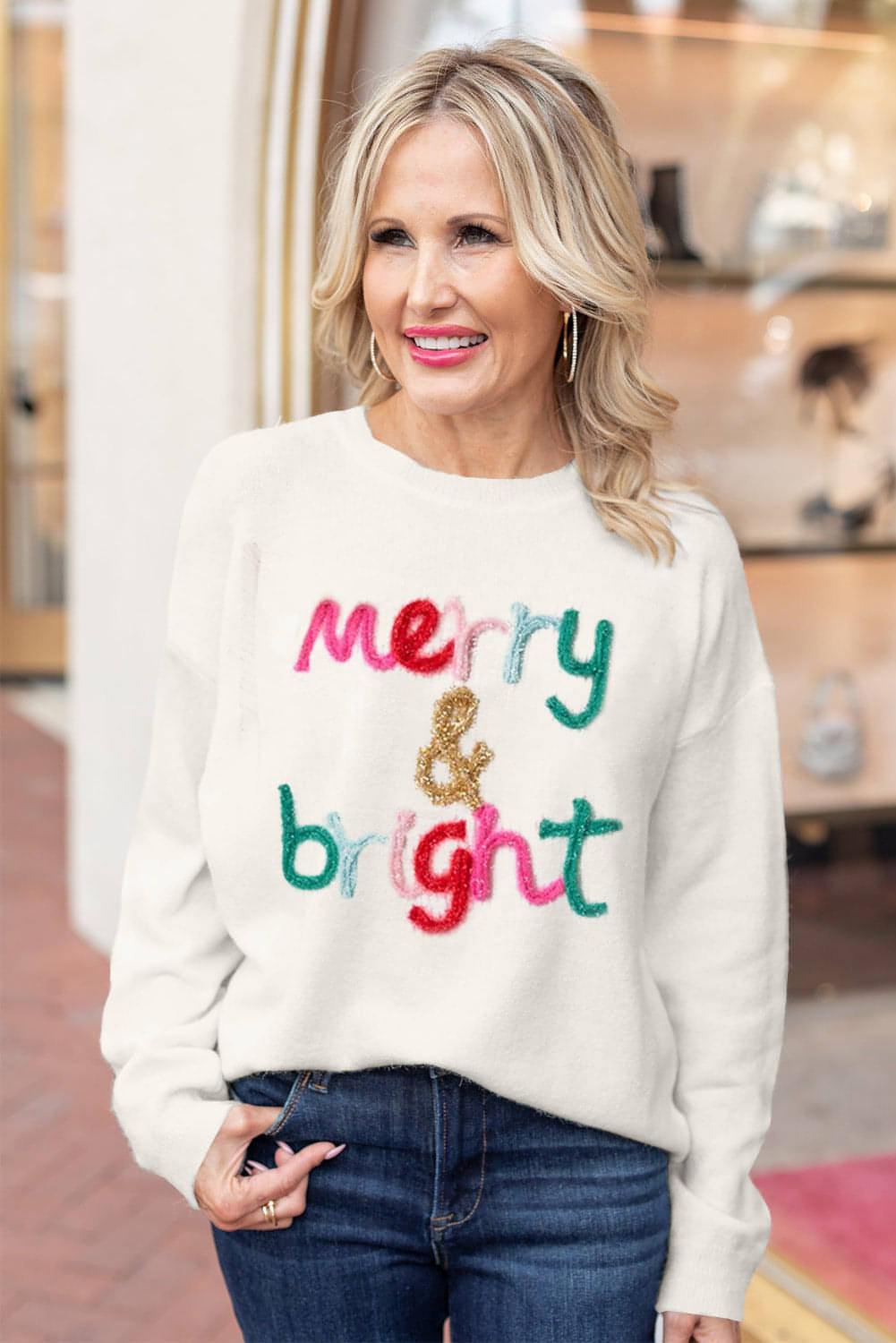 Vit Merry & Bright Round Neck Casual tröja