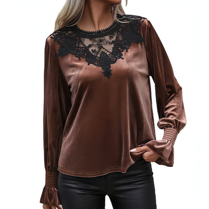 Elegant Velvet T-shirt Lace Stitching Smocking Loose Long Sleeve Top