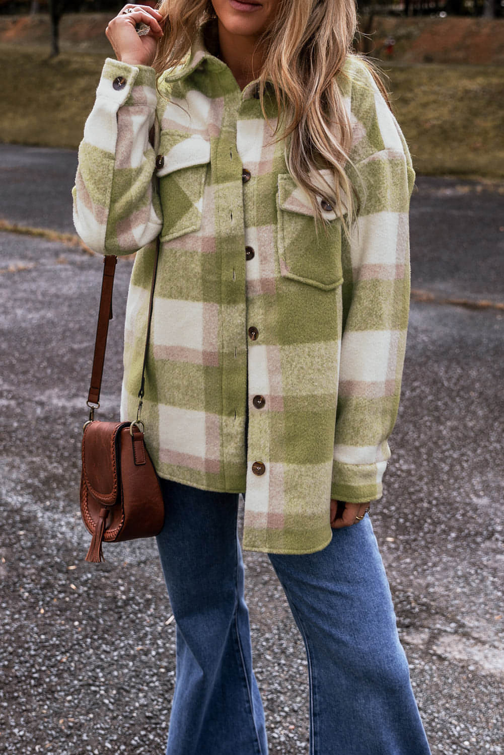 Sage Green Plaid Print Knappad klafffickor Baggy Shacket