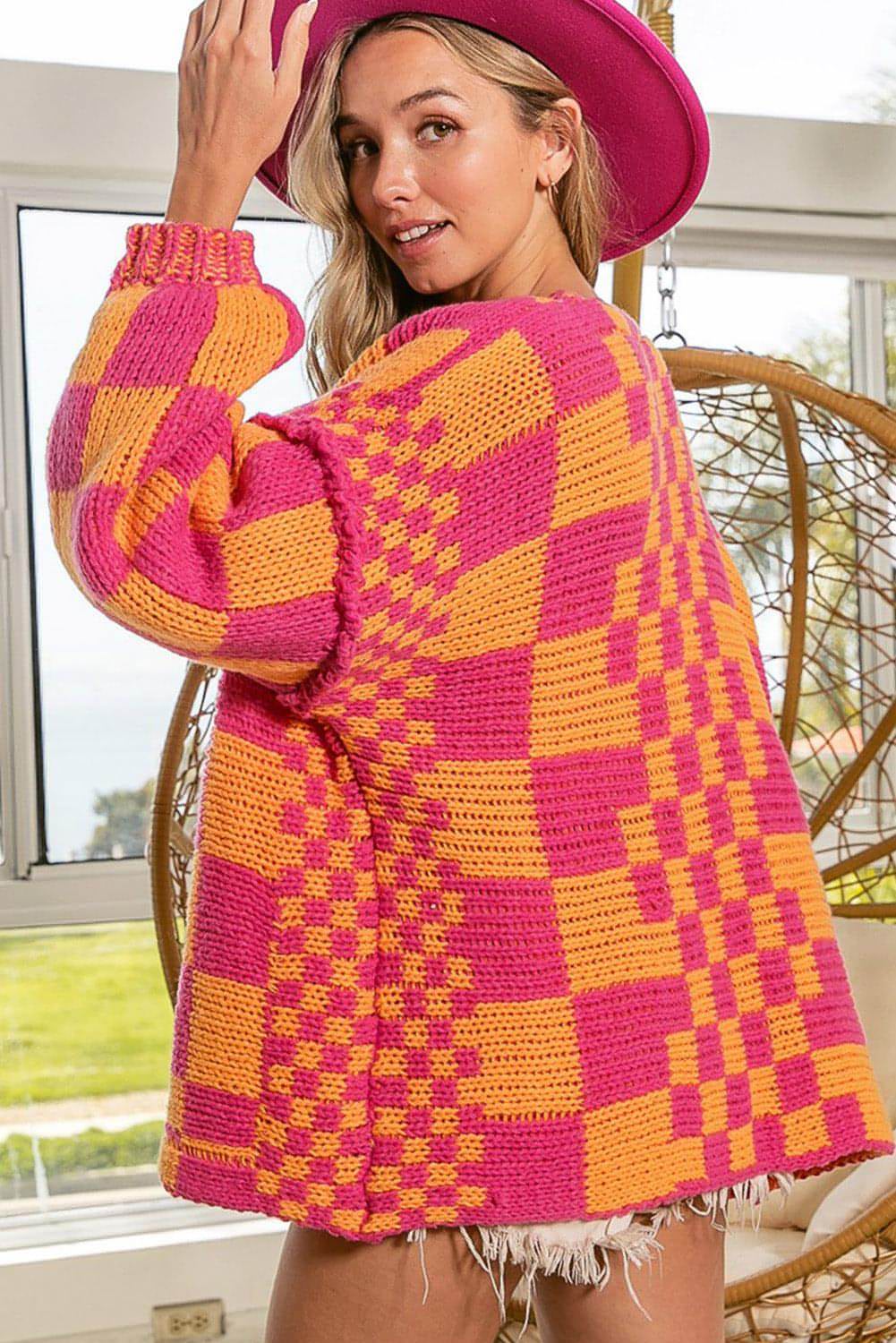 Multicolor Open Front Mixed Checkered Pattern Knit Cardigan