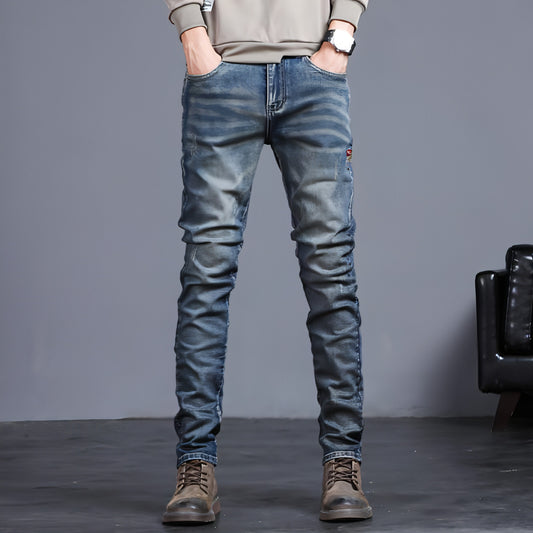 Youth Retro Embroidered Denim Pants Men Jeans