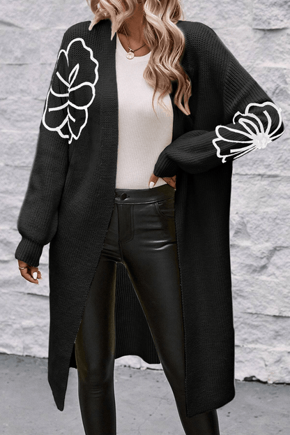 Schwarze Blume bestickte Drop Schulter offen vordere Staubwinge Cardigan