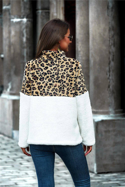 Sudadera de peluche con cuello con media cremallera y diseño de bloques de color de leopardo